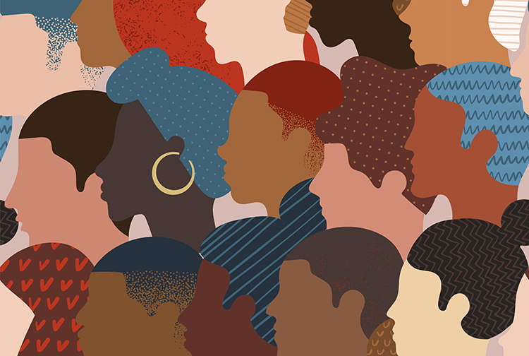 Seamless pattern of many different people profile heads.