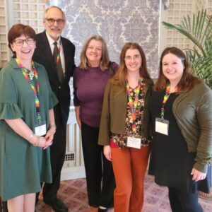 Jane Hamilton (from left) and Chris Kjolhede of Bassett Healthcare Network, Sarah Murphy of the New York School-Based Health Alliance, and Jacquelyn Christensen and Katherine Cushing of the national School-Based Health Alliance connected during the New York School-Based Health Alliance conference in Cooperstown March 17 – 18.