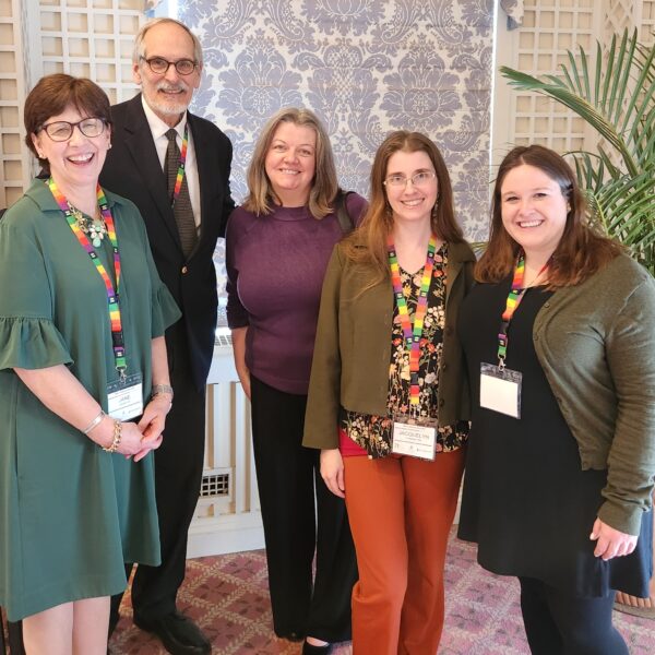 Jane Hamilton (from left) and Chris Kjolhede of Bassett Healthcare Network, Sarah Murphy of the New York School-Based Health Alliance, and Jacquelyn Christensen and Katherine Cushing of the national School-Based Health Alliance connected during the New York School-Based Health Alliance conference in Cooperstown March 17 – 18.