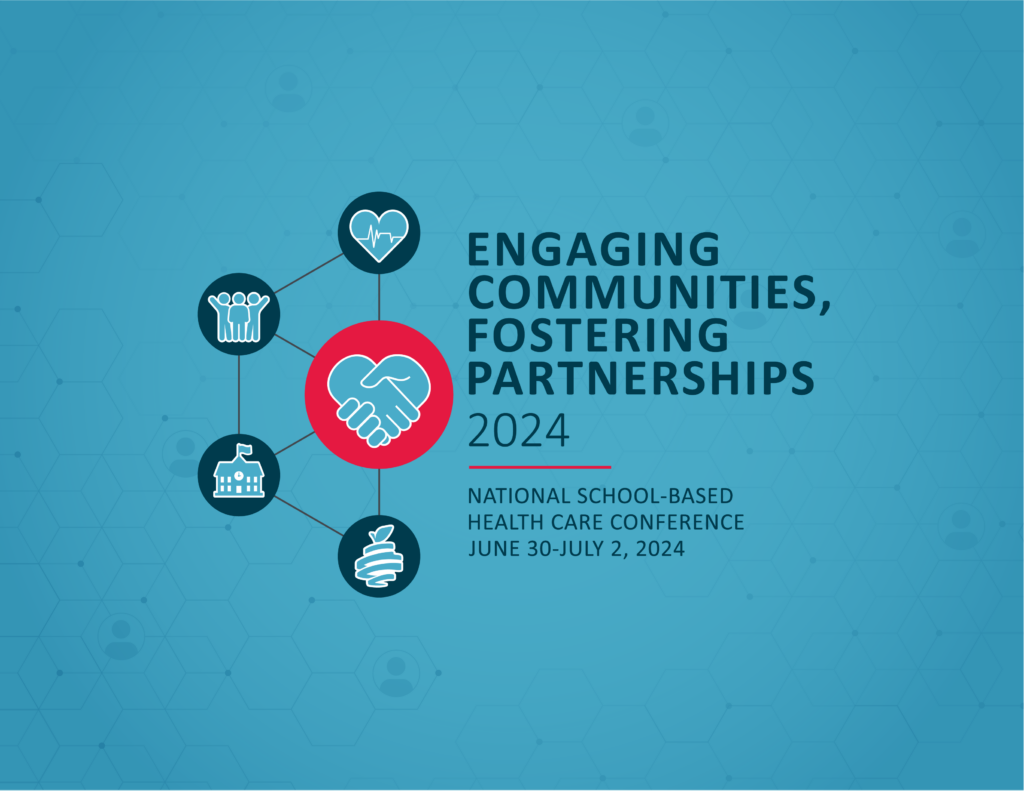 Logo for the conference that shows four circles, one with a heart to represent health, one with a group of three people to represent community, one with a school building and one with the SBHA logo connected via lines to a central slightly larger circle showing a handshake to represent partnership